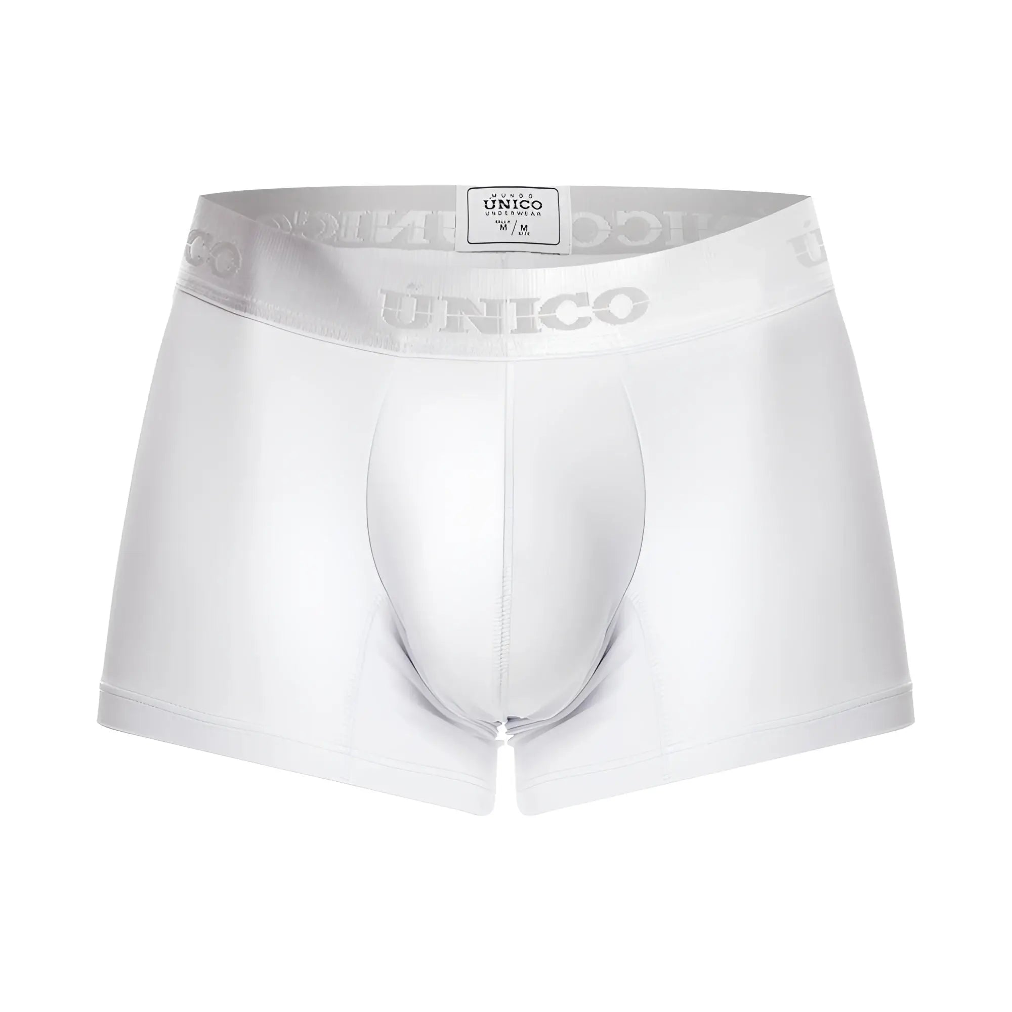 White unico men’s boxer briefs with silver logo trim on waistband modelo cristalino m22 trunks color 00-white