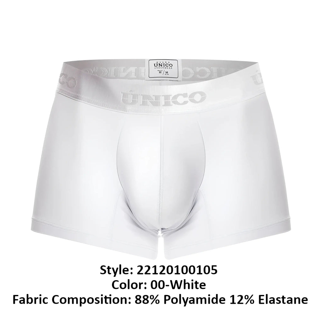 White unico men’s boxer briefs with supportive contoured design and elastic waistband with gray unico branding