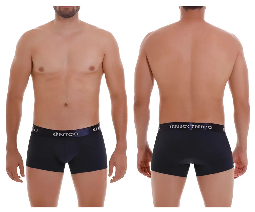 Black unico boxer briefs with purple waistband and white brand name from unico 22120100106 profundo m22 trunks color 82 dark blue