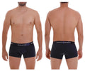 Black unico boxer briefs with purple waistband and white brand name from unico 22120100106 profundo m22 trunks color 82 dark blue