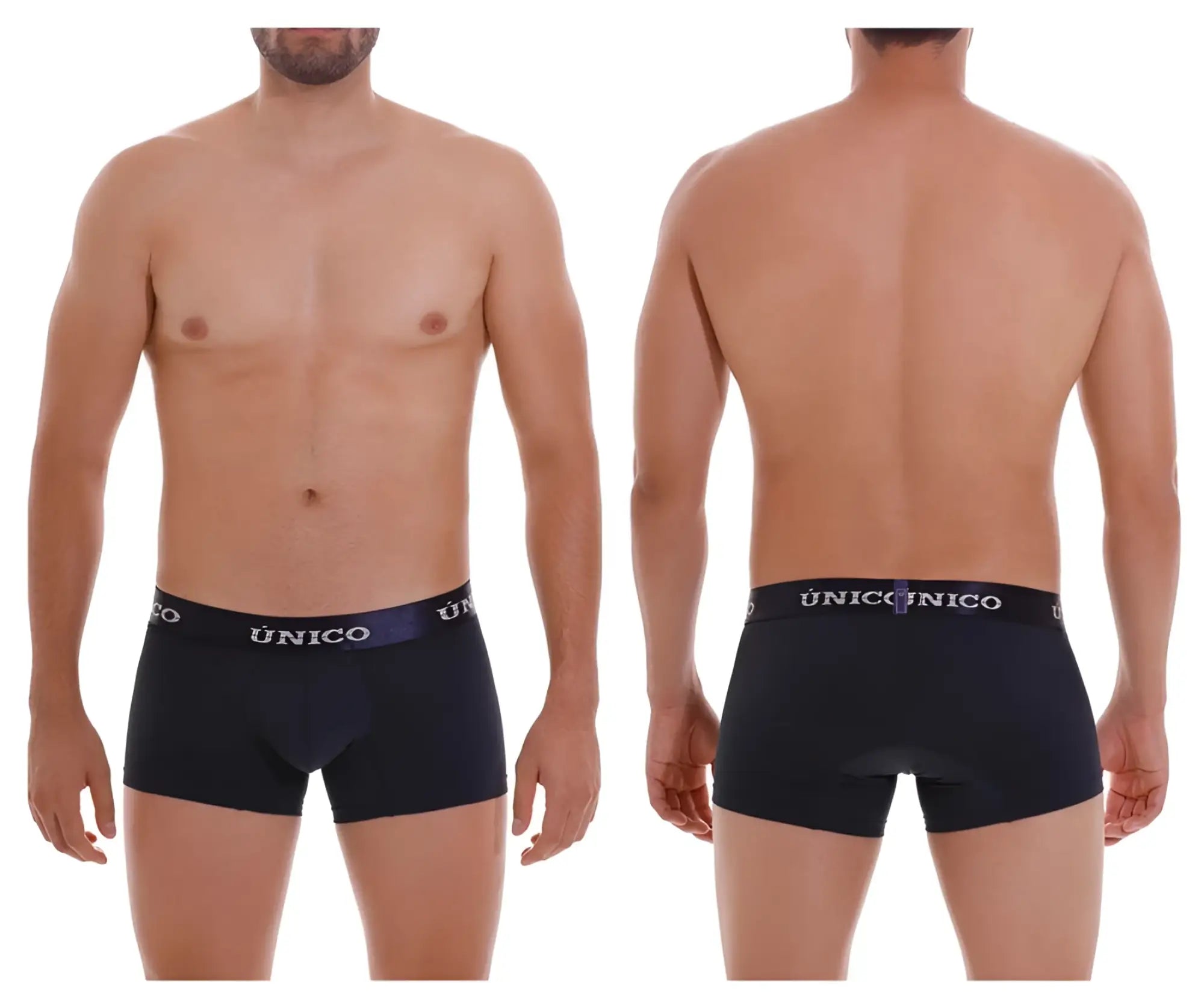Black unico boxer briefs with purple waistband and white brand name from unico 22120100106 profundo m22 trunks color 82 dark blue
