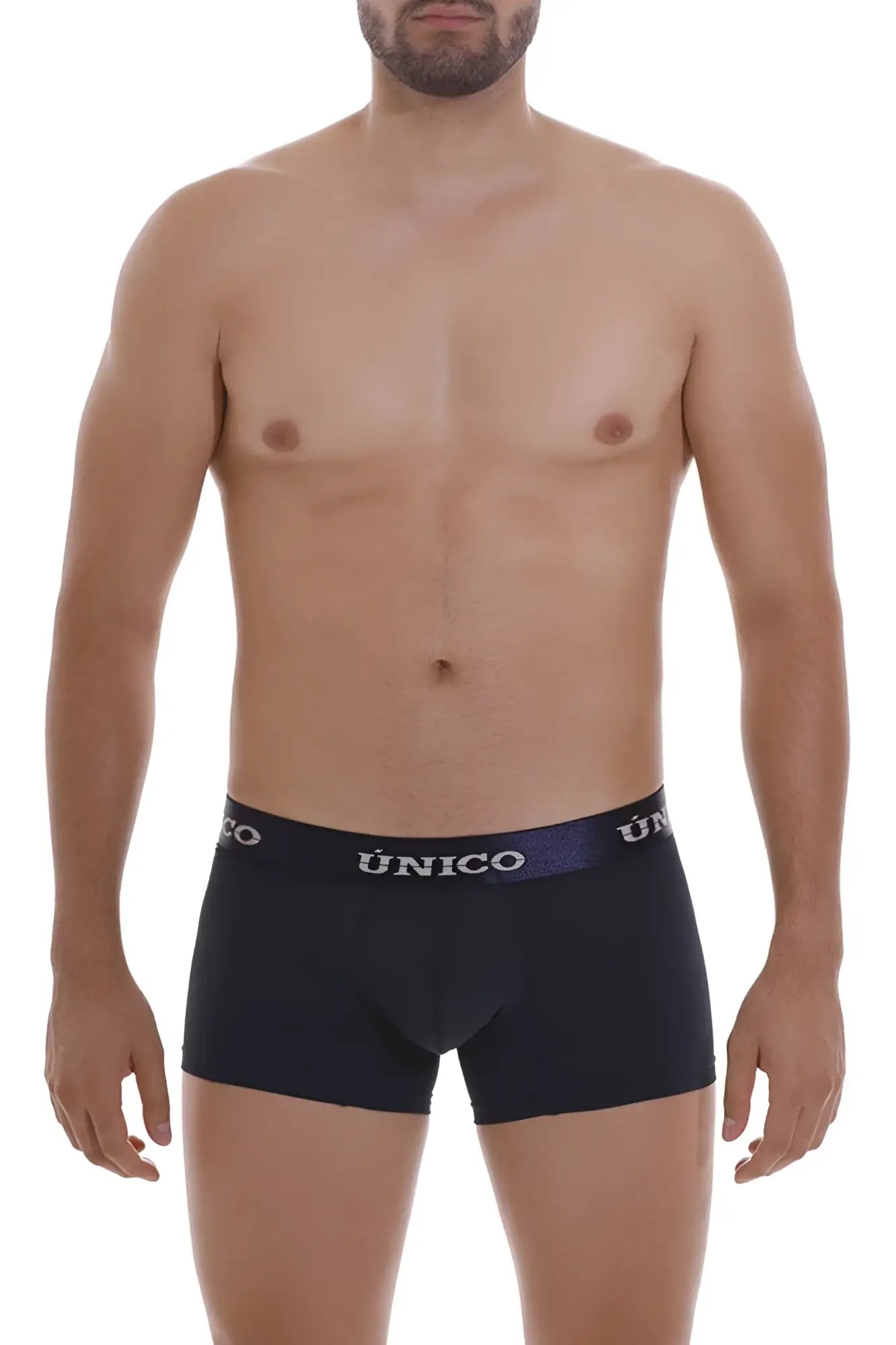 Black unico men’s briefs with a navy blue waistband and white unico branding in trunks color 82-dark blue
