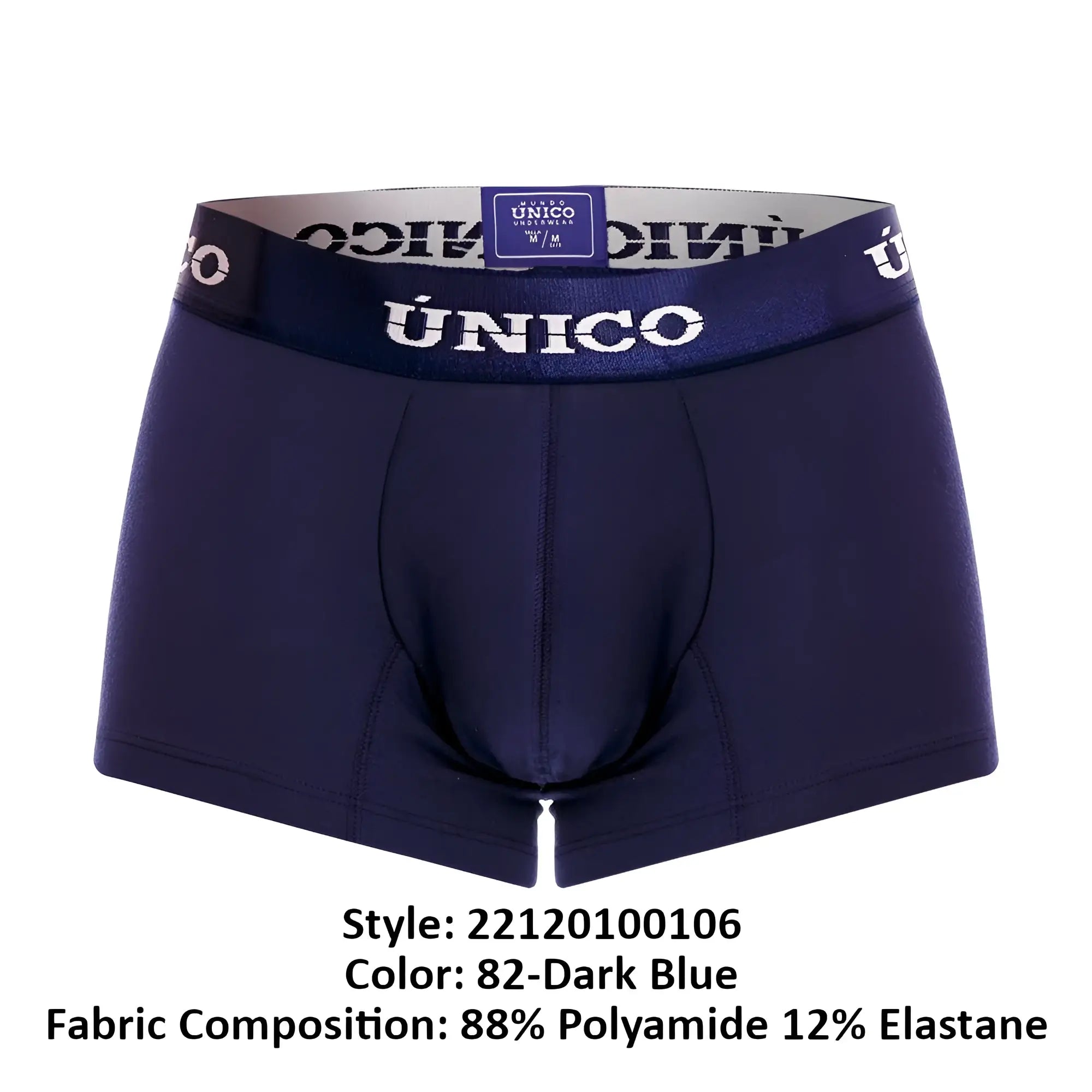 Dark blue unico men’s boxer briefs with matching elastic waistband featuring white unico brand name lettering