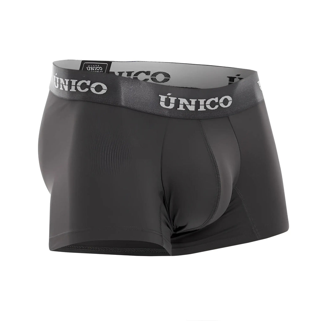 Black unico men’s boxer briefs with gray waistband featuring brand name in white lettering color dark gray