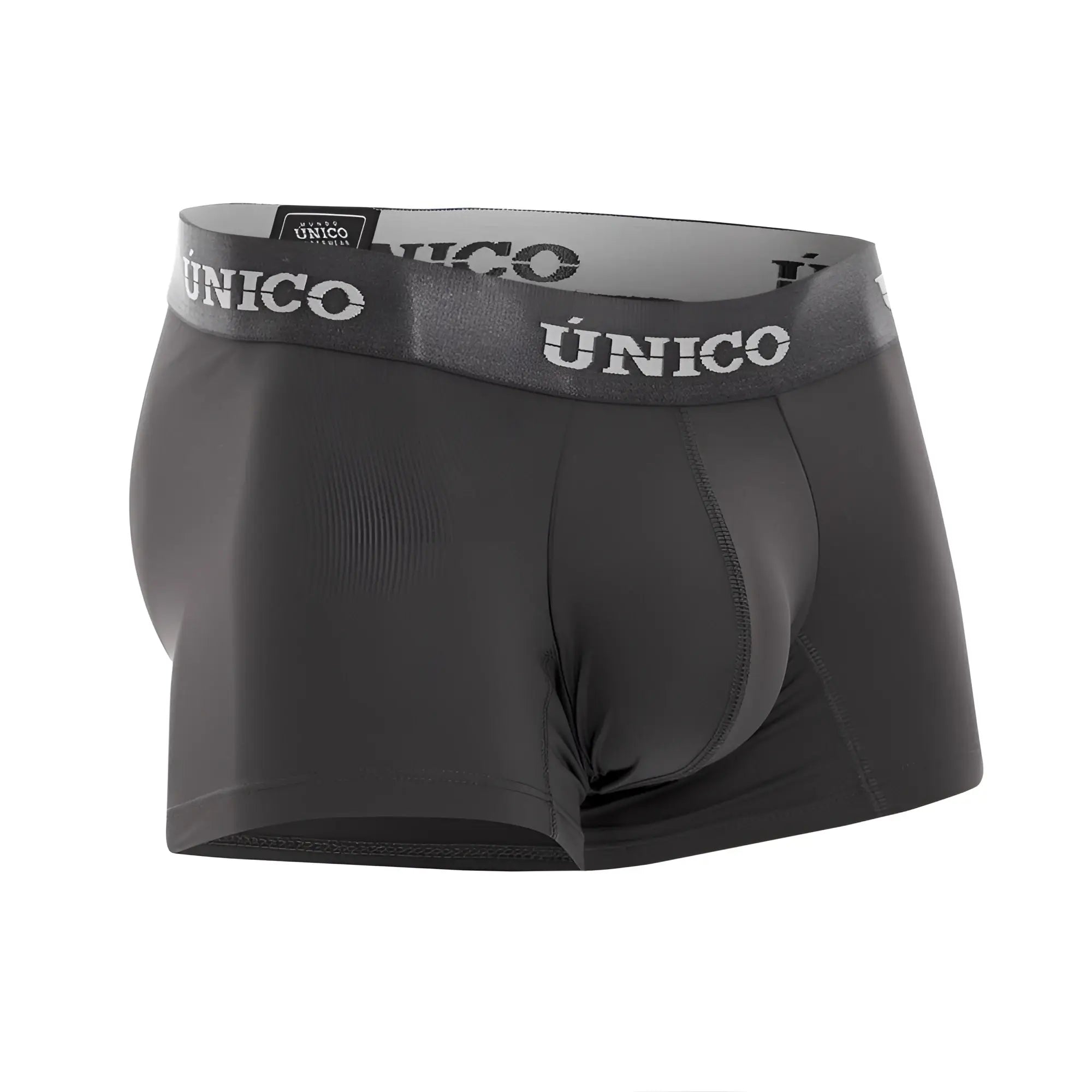 Black unico men’s boxer briefs with gray waistband featuring brand name in white lettering color dark gray