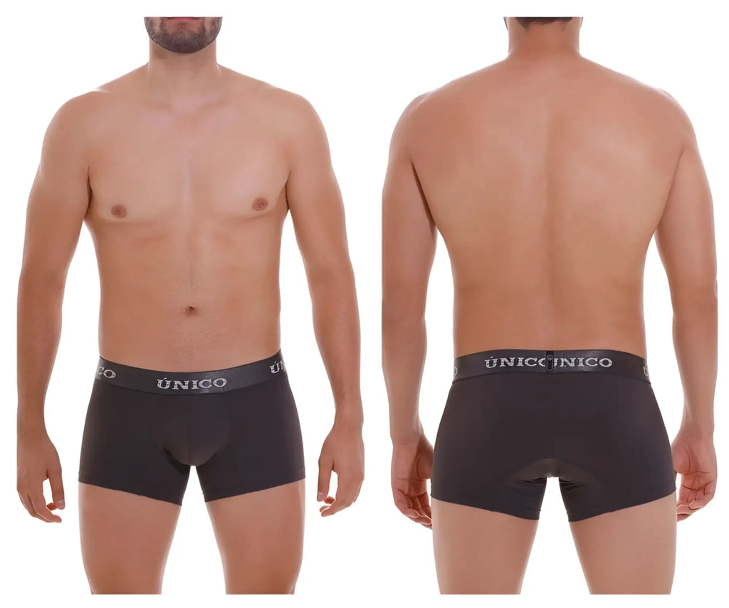 Black unico men’s boxer briefs with gray elastic waistband and white unico branding in dark gray color