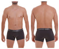 Black unico men’s boxer briefs with gray elastic waistband and white unico branding in dark gray color