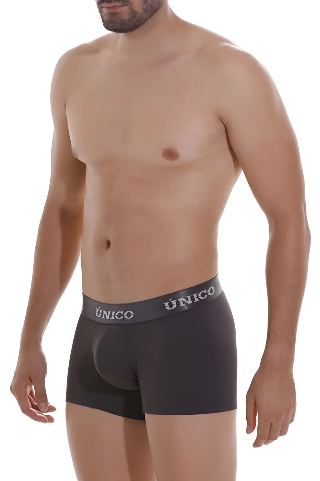 Black unico men’s boxer briefs with gray waistband featuring white brand name in dark gray color trunks