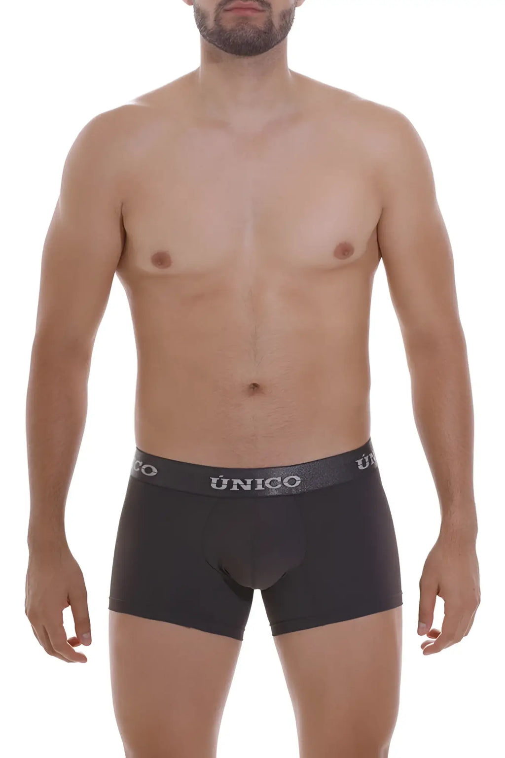 Black unico men’s boxer briefs with gray elastic waistband and white unico branding in dark gray color