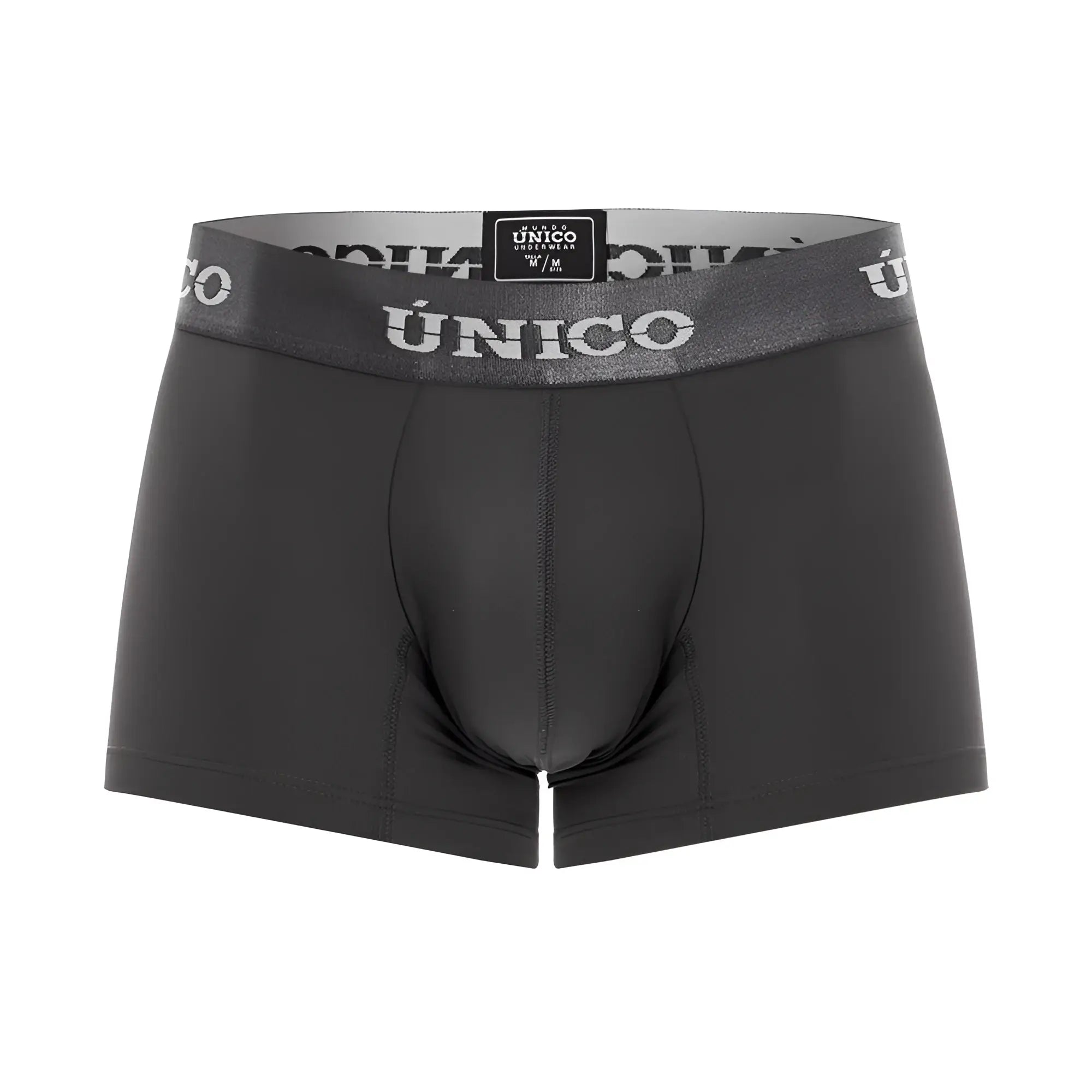 Black unico men’s boxer briefs with gray waistband featuring brand name in white lettering color dark gray