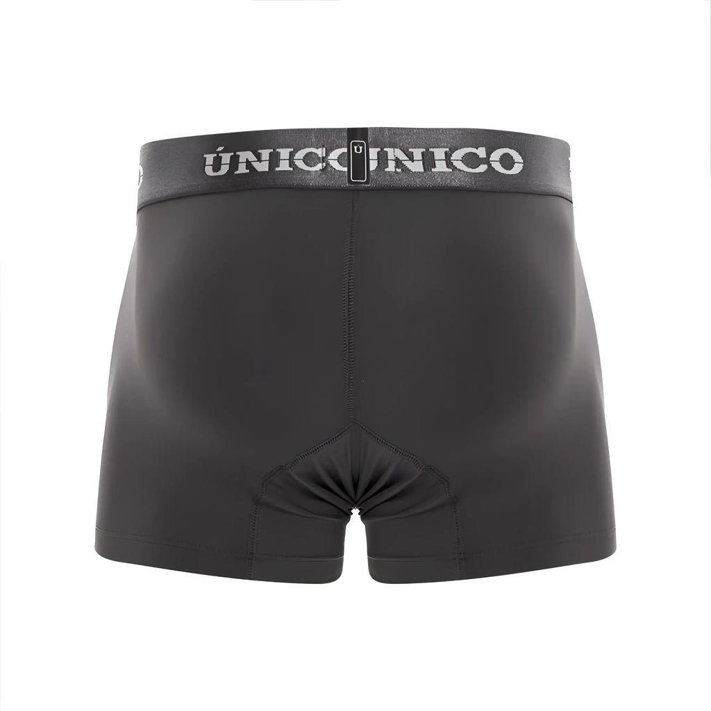 Black unico 22120100108 boxer briefs with gray waistband and white brand name in dark gray color front view