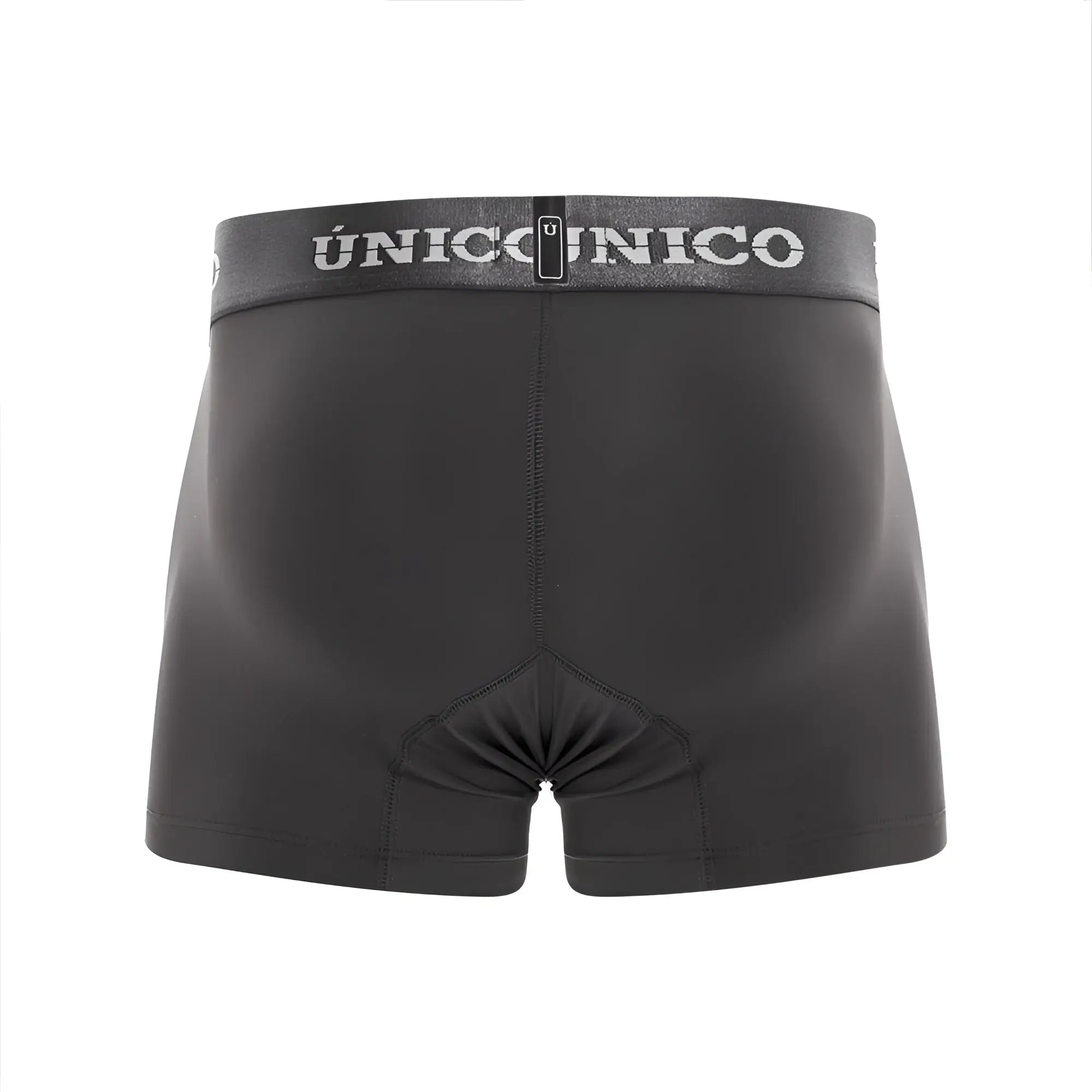 Black unico 22120100108 boxer briefs with gray waistband and white brand name in dark gray color front view