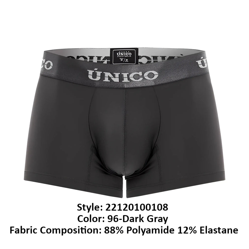 Dark gray unico men’s boxer briefs with textured waistband featuring brand name in white lettering model 22120100108