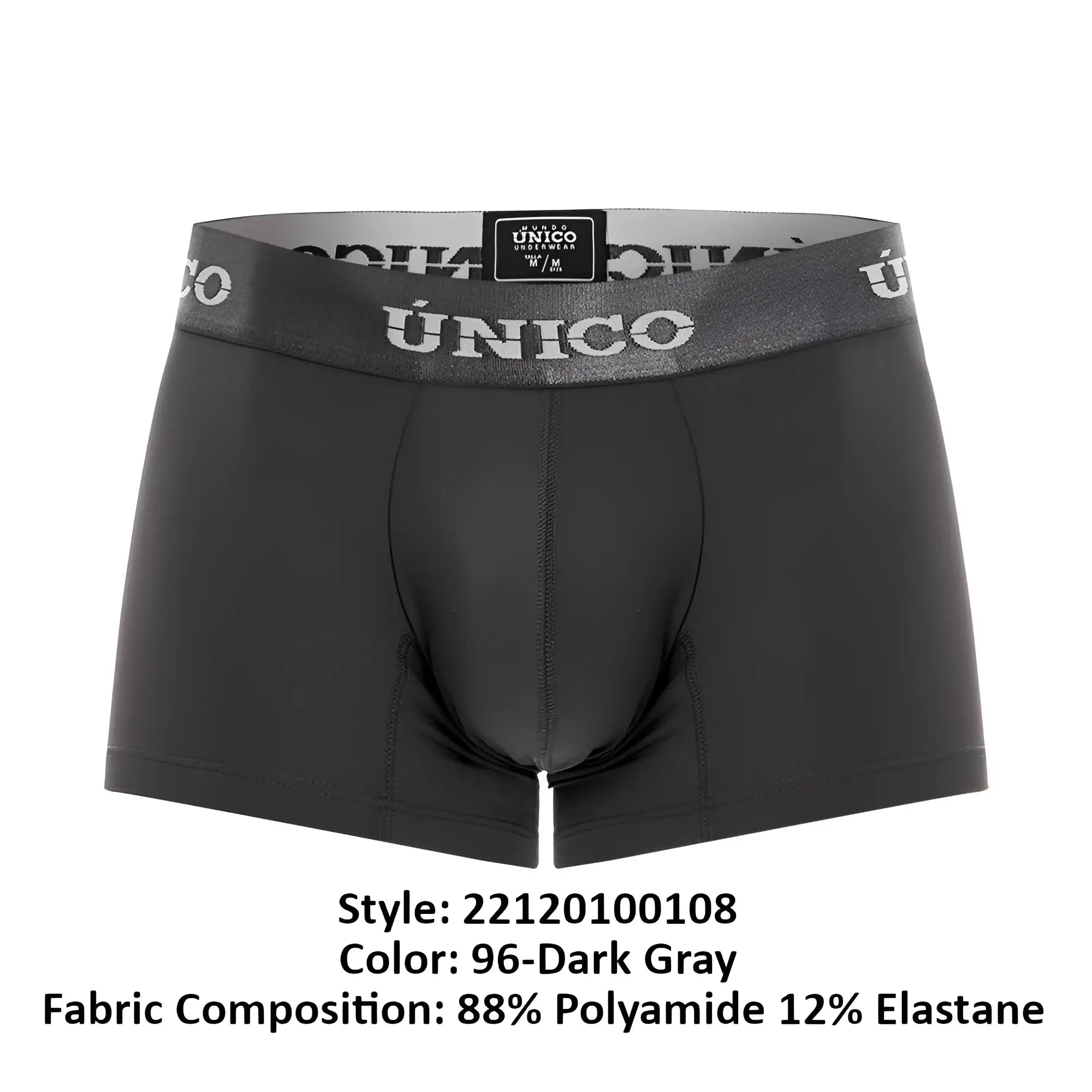 Dark gray unico men’s boxer briefs with textured waistband featuring brand name in white lettering model 22120100108