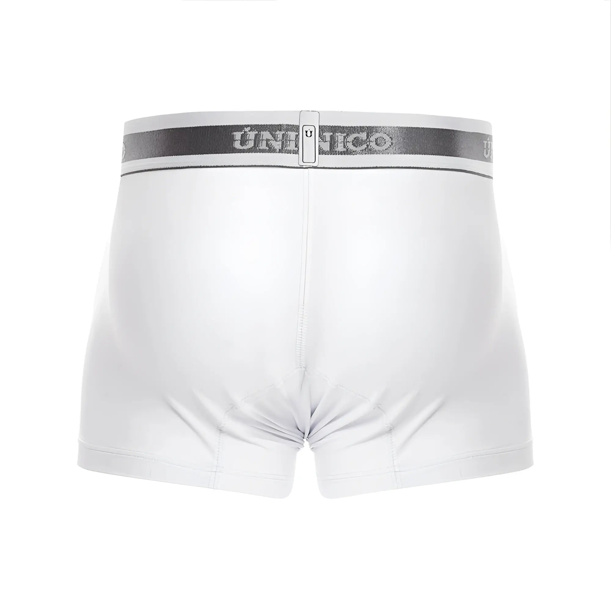White unico boxer briefs with a gray elastic waistband featuring the brand’s logo in lustre a22 trunks style