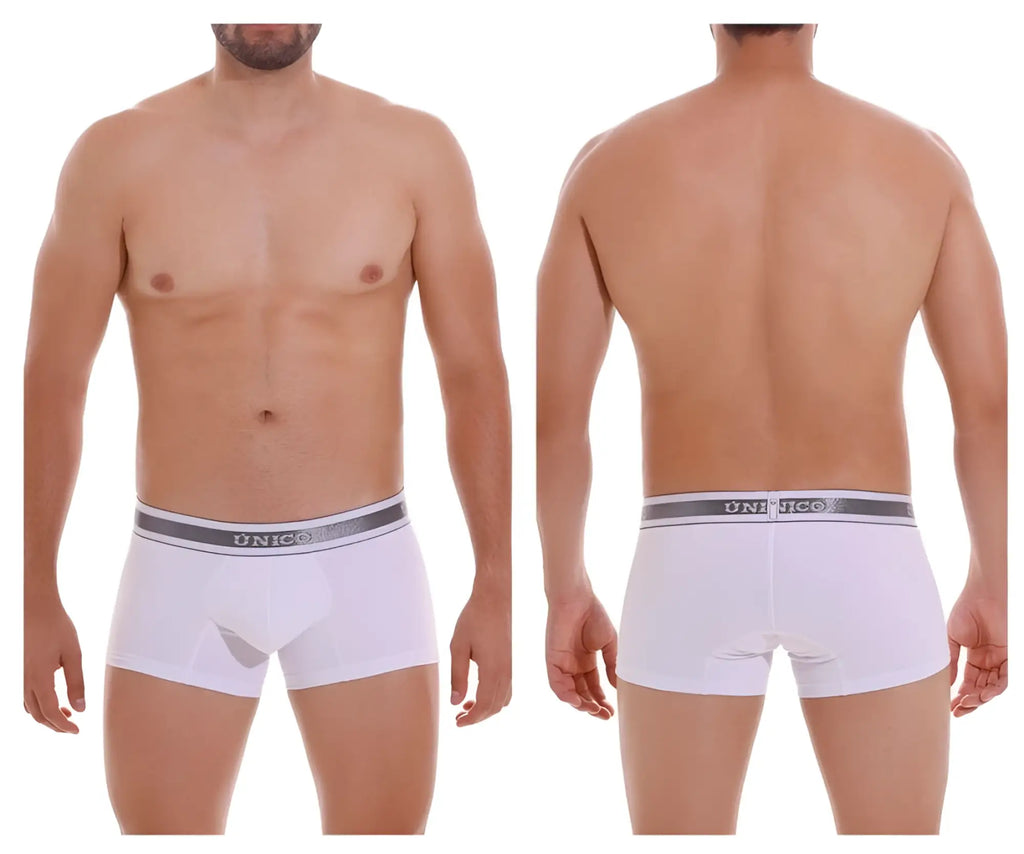 White unico boxer briefs with gray elastic waistband and black brand name lettering from lustre a22 trunks collection