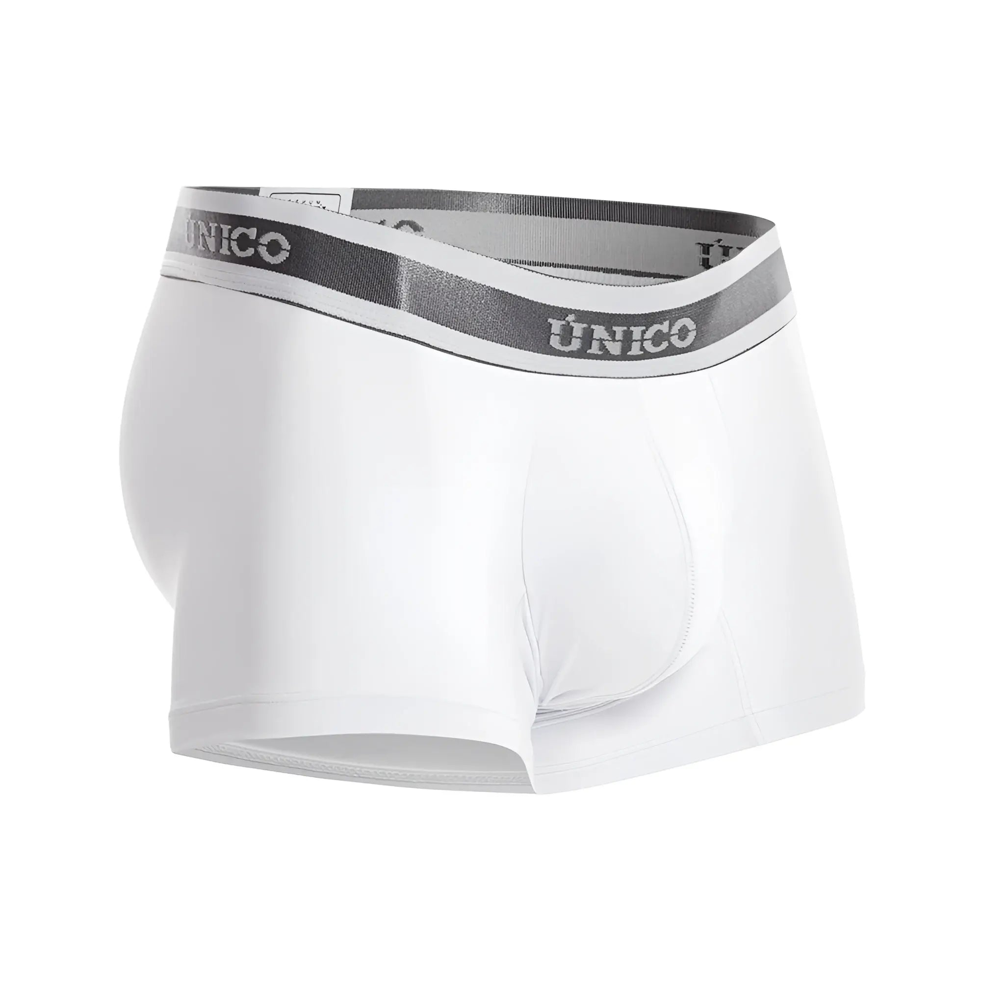 White unico 22120100109 lustre a22 men’s briefs with gray elastic waistband and silver brand lettering in white