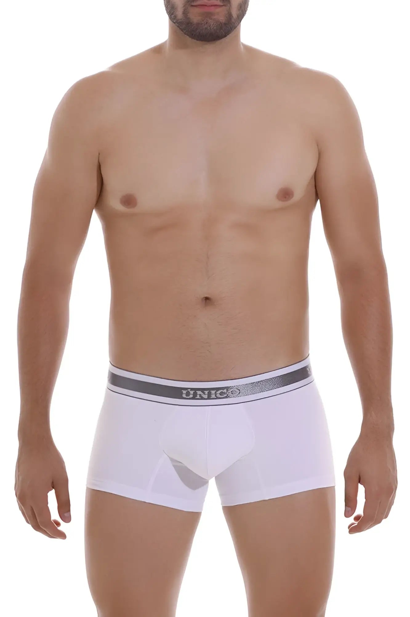 White unico 22120100109 lustre a22 men’s briefs with gray elastic waistband and silver brand lettering