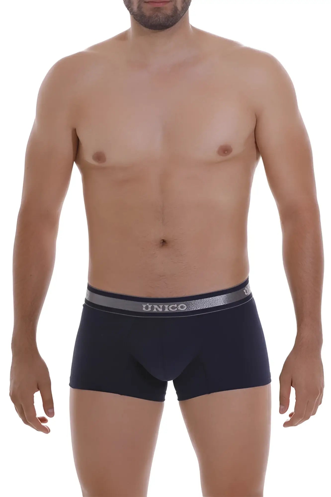 Black unico boxer briefs with gray elastic waistband and silver brand name lettering from cardenal a22 trunks color 82-dark blue