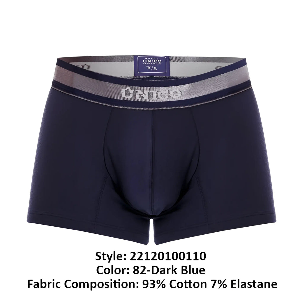 Dark blue unico men’s boxer briefs with silver and navy waistband featuring the brand logo in trunks color 82