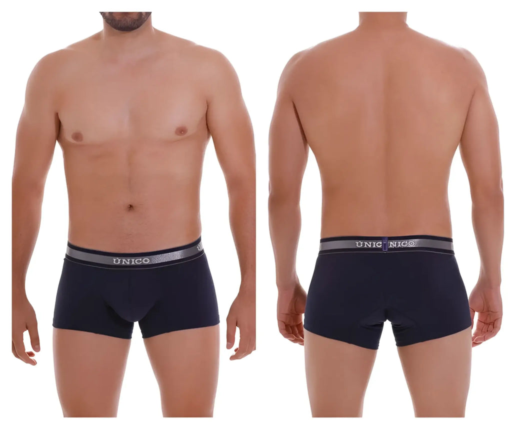 Navy blue unico brand briefs with silver and gray elastic waistband featuring the unico logo in color 82-dark blue