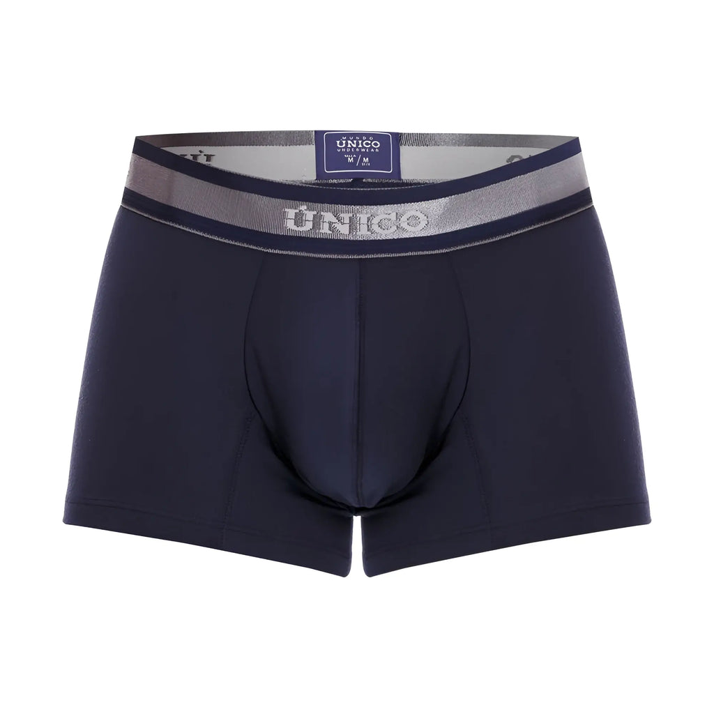 Dark navy unico men’s briefs with silver embossed waistband and branded label model 22120100110 cardenal a22 trunks