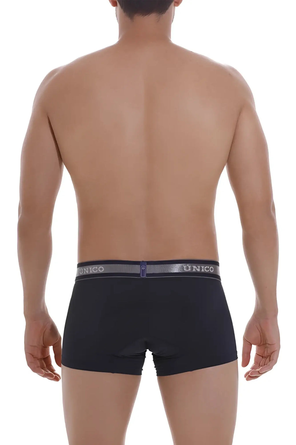 Black unico boxer briefs with gray waistband featuring the brand name and logo from unico 22120100113 cardenal m22 trunks