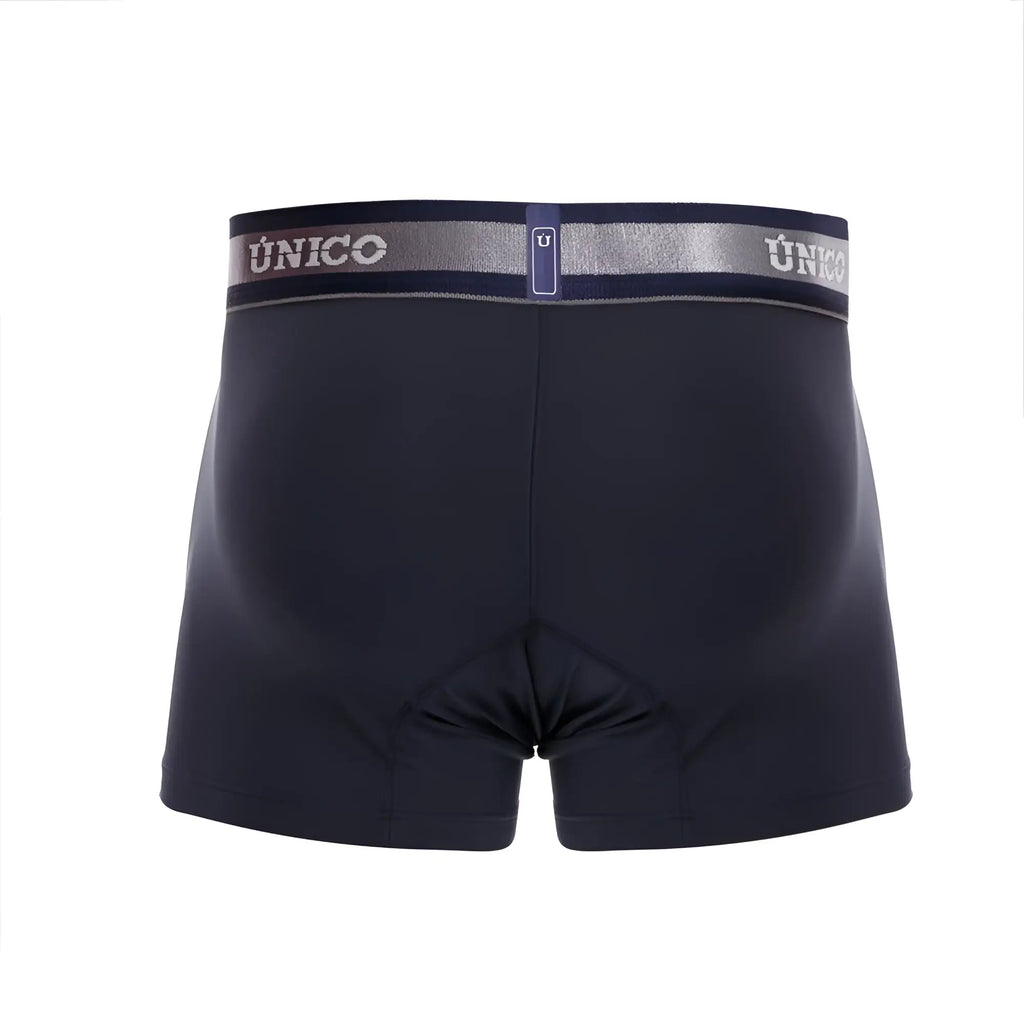 Black unico boxer briefs with silver and navy waistband featuring the brand logo in dark blue color trunk design
