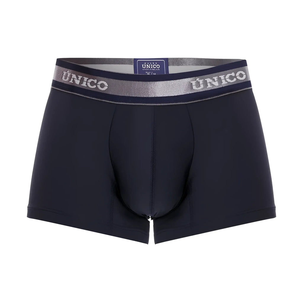 Black unico men’s boxer briefs with silver and navy waistband and white brand name lettering color 82 dark blue