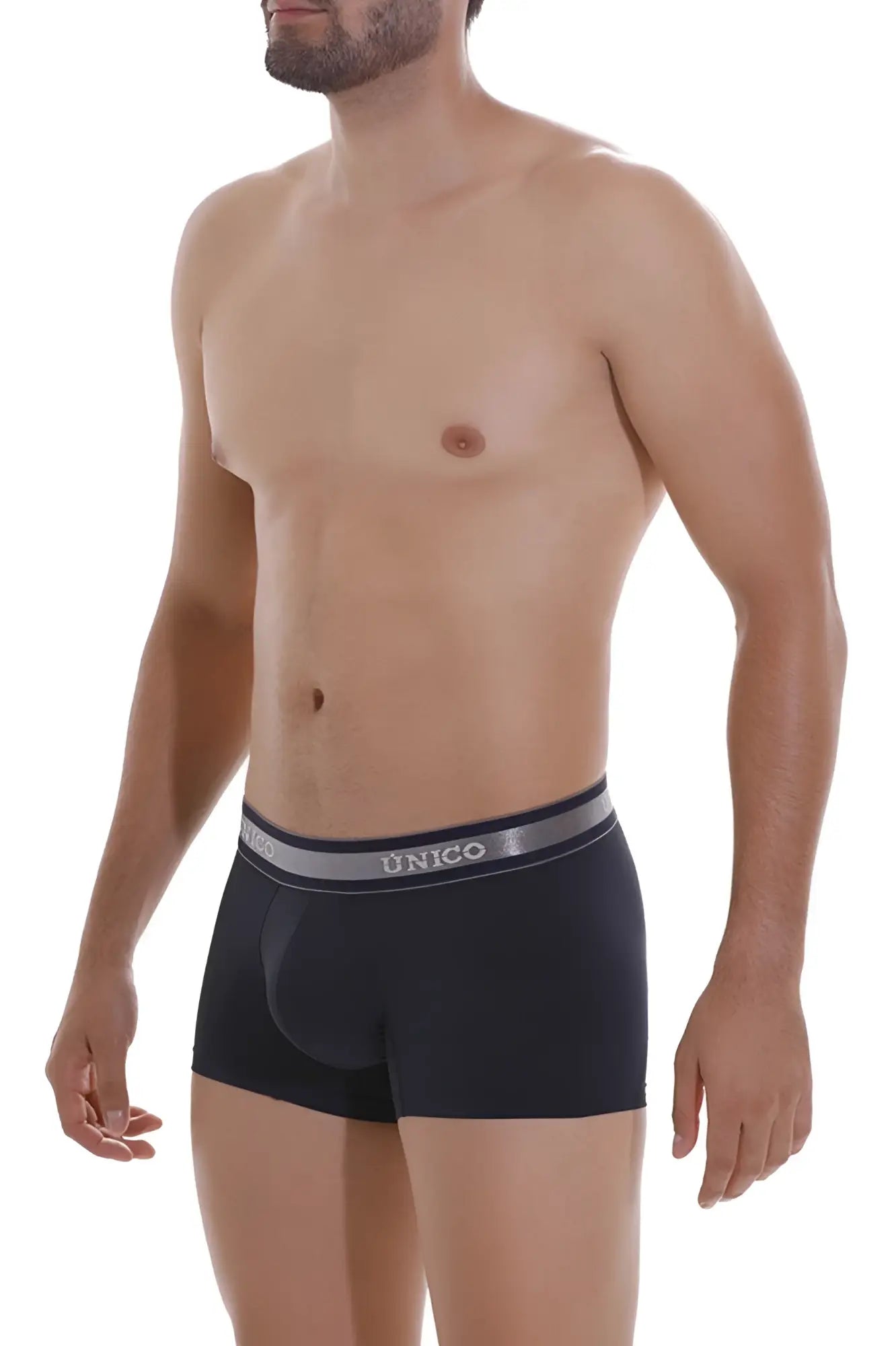 Black unico men’s boxer briefs with gray elastic waistband and white brand name in dark blue color for everyday wear