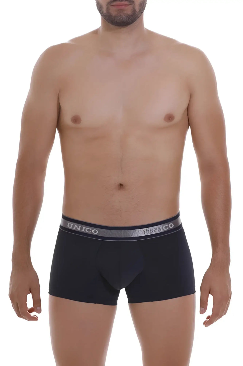 Black unico men’s briefs with gray elastic waistband featuring brand name white lettering dark blue trunk style
