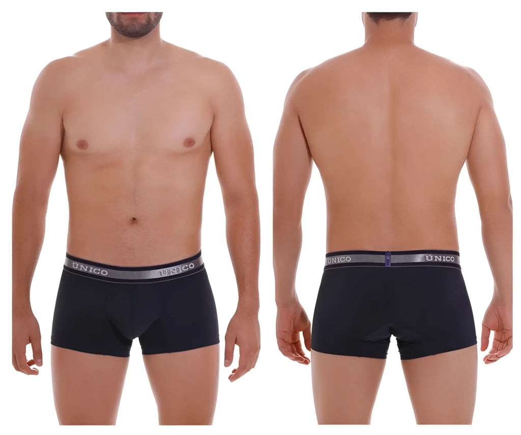 Black unico men’s briefs with gray elastic waistband branded in white shown with dark blue unico 22120100113 cardenal m22 trunks color 82