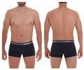 Black unico men’s briefs with gray elastic waistband branded in white shown with dark blue unico 22120100113 cardenal m22 trunks color 82