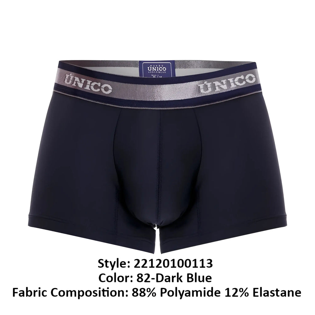 Dark blue unico men’s boxer briefs with silver navy waistband and white unico branding color 82 cardenal m22 trunks