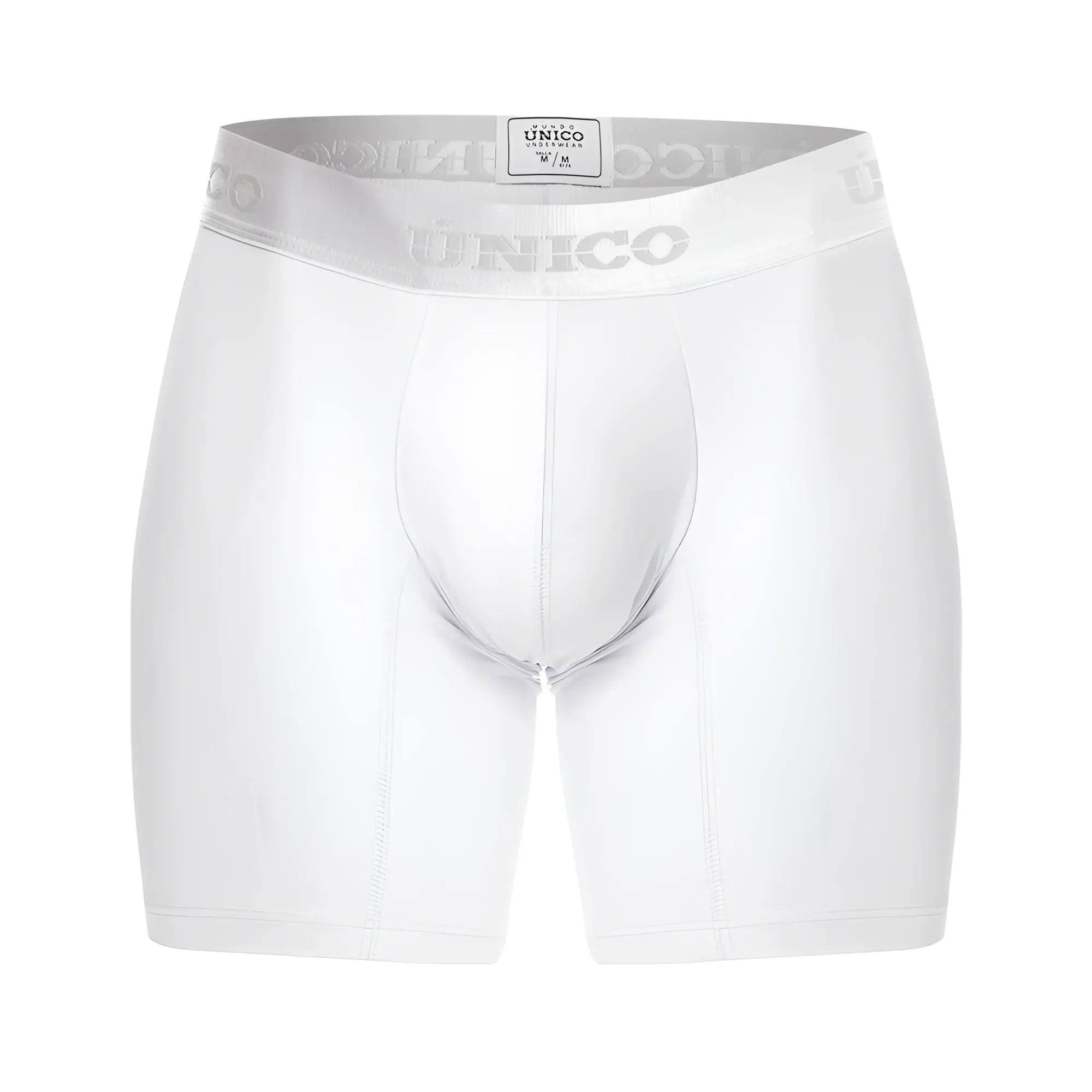 White unico men’s boxer briefs with silver elastic waistband featuring brand name in model 22120100201 cristalino a22