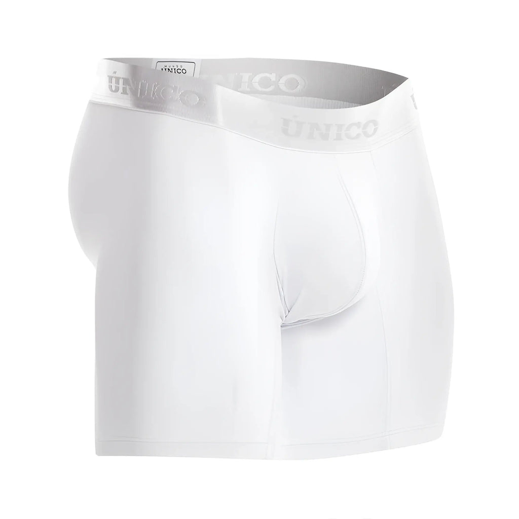 White unico men’s boxer briefs with subtle gray waistband featuring brand name comfortable daily wear
