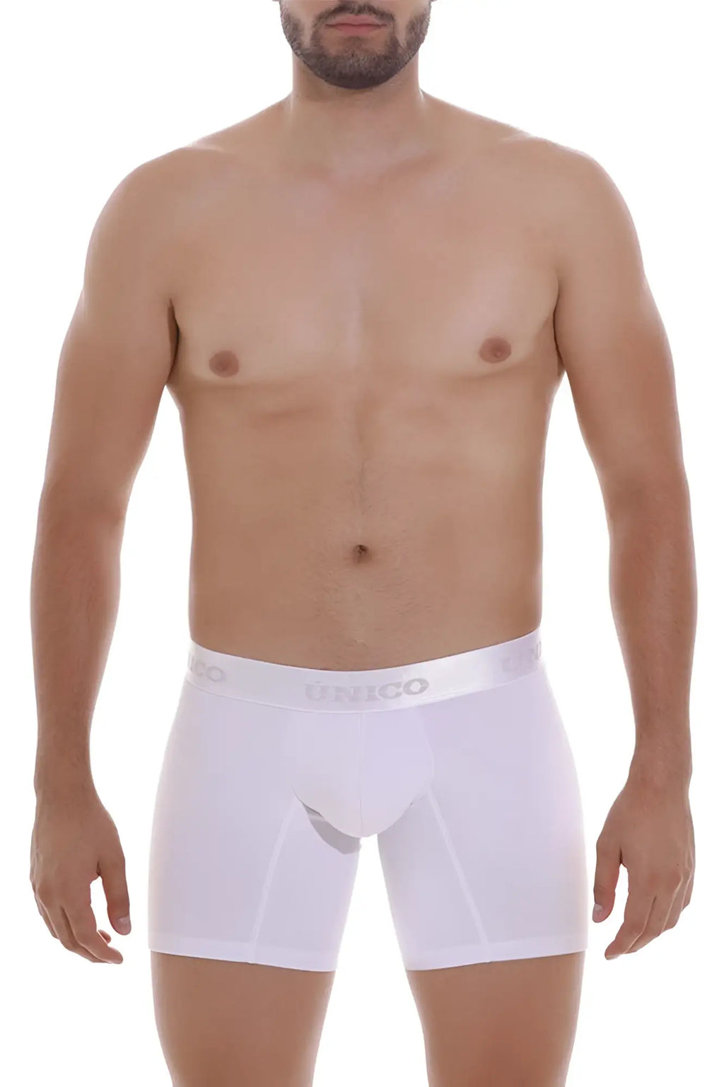 White unico men’s boxer briefs with subtle gray logo on waistband designed for comfort and support