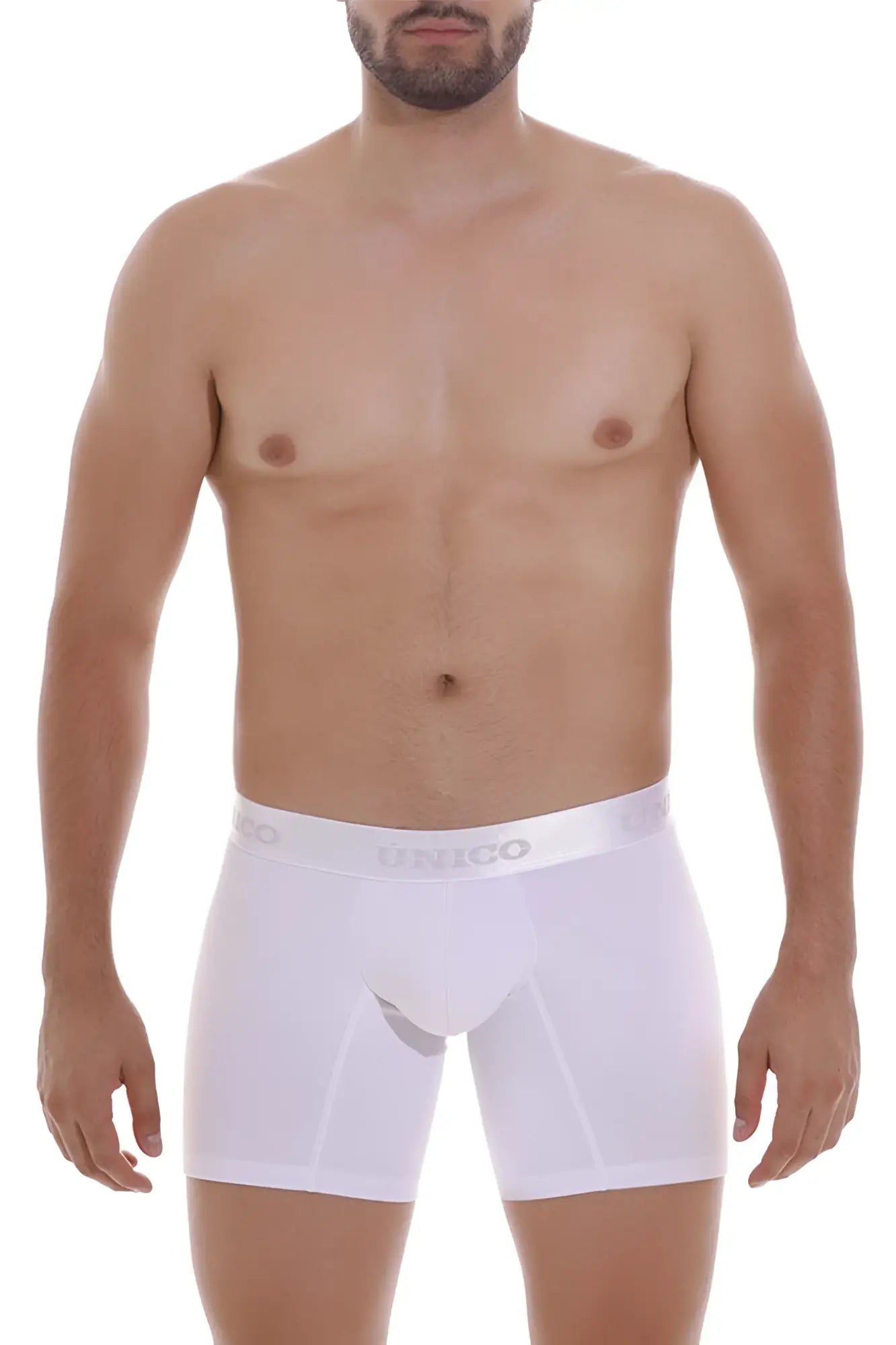 White unico men’s boxer briefs with subtle gray logo on waistband designed for comfort and support