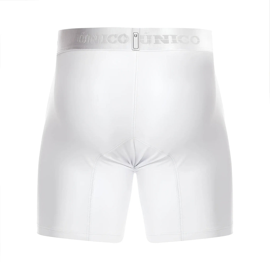 White unico boxer briefs with a silver waistband featuring the brand name and size tag in color 00-white
