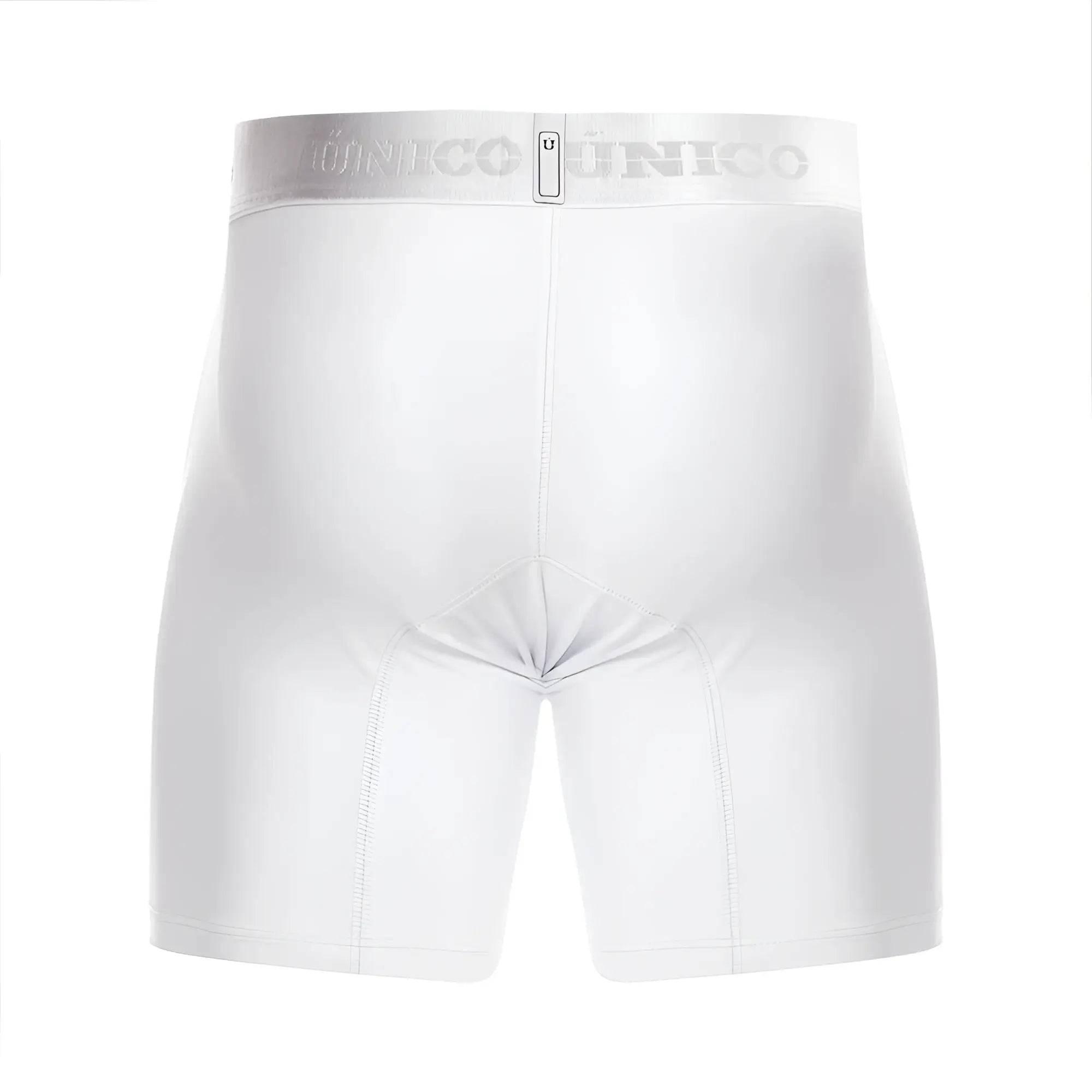 White unico boxer briefs with a silver waistband featuring the brand name and size tag in color 00-white