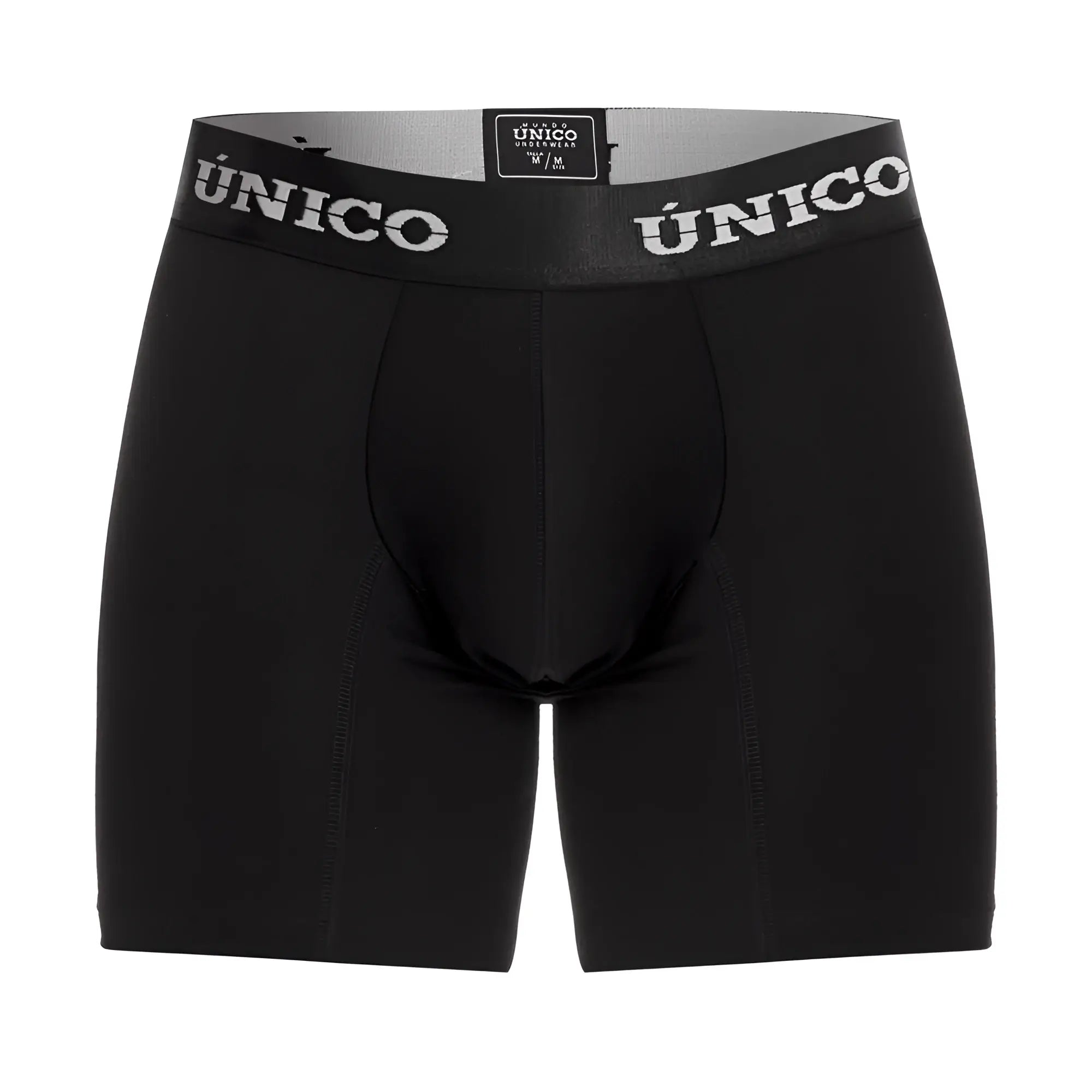 Black unico men’s boxer briefs with gray waistband and white unico branding in intenso a22 style color 99-black
