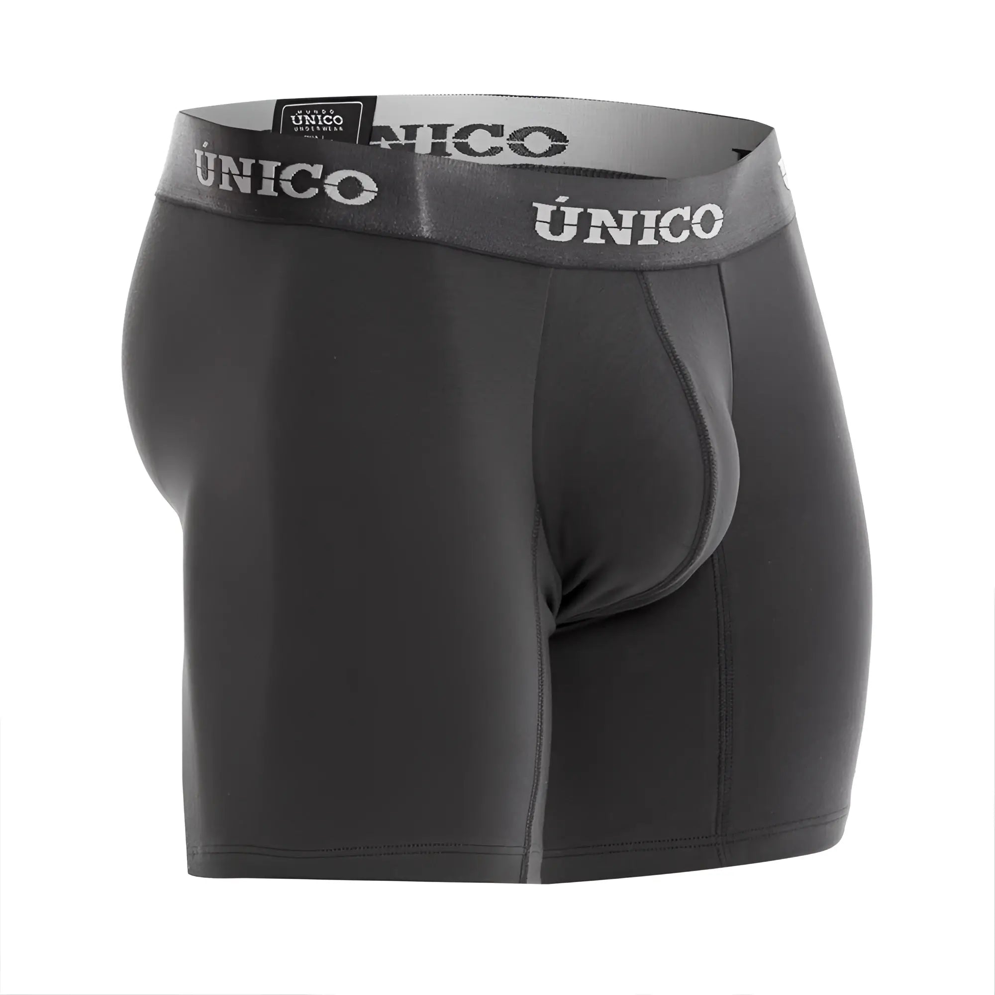 Black unico men’s boxer briefs dark gray with gray waistband featuring unico logo in white lettering