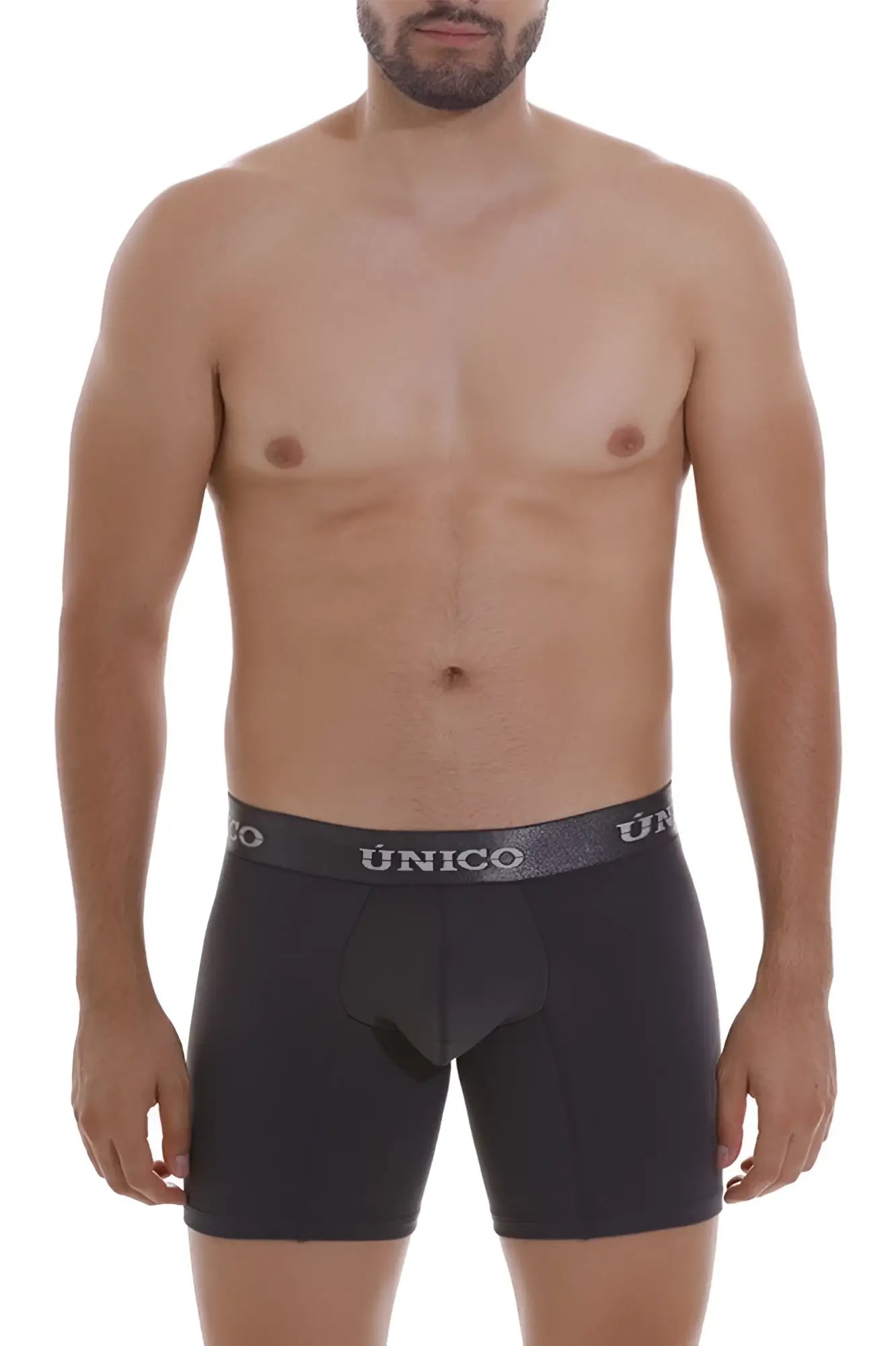 Black unico men’s boxer briefs with gray unico logo waistband in dark gray for comfortable everyday wear