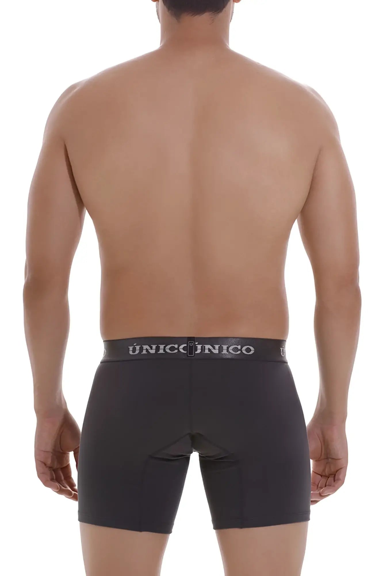Black unico boxer briefs in dark gray with a white logo waistband, designed for comfort and style