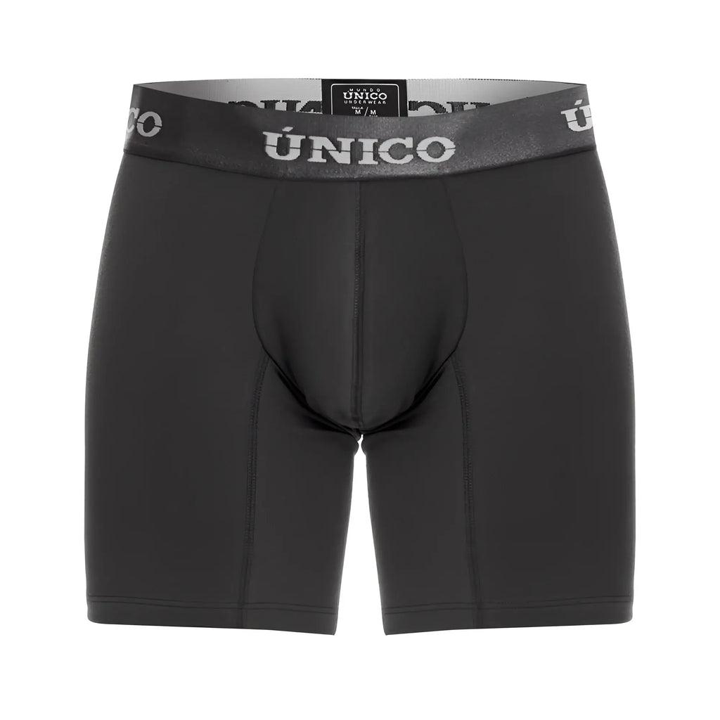 Black unico men’s boxer briefs in dark gray with a gray waistband featuring the brand name in white lettering