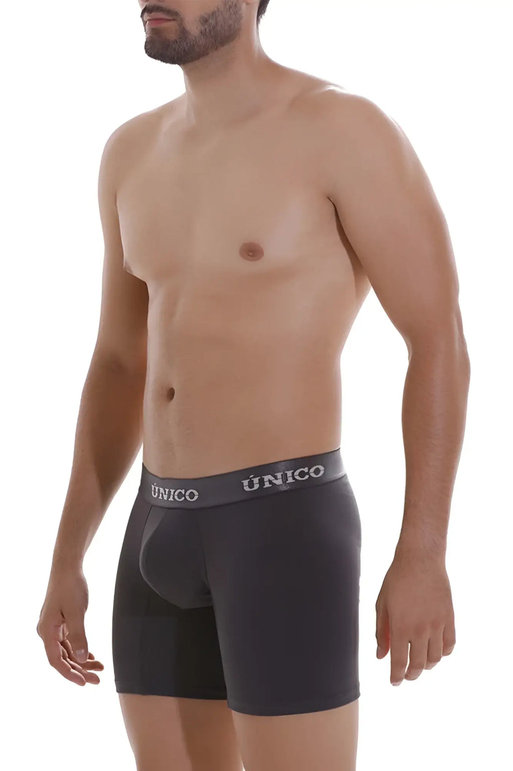 Black unico men’s boxer briefs in dark gray with a gray waistband featuring unico branding in white lettering