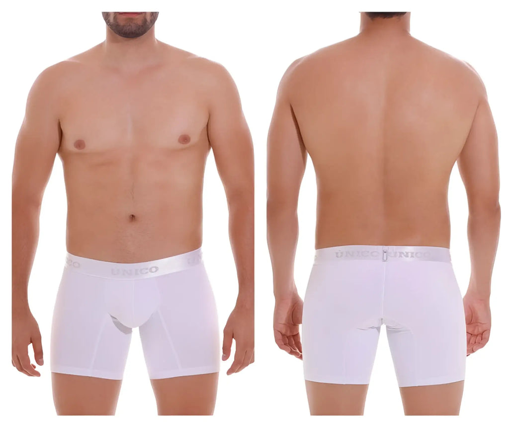 White unico brand men’s boxer briefs with smooth, form-fitting design and elastic waistband in color 00-white