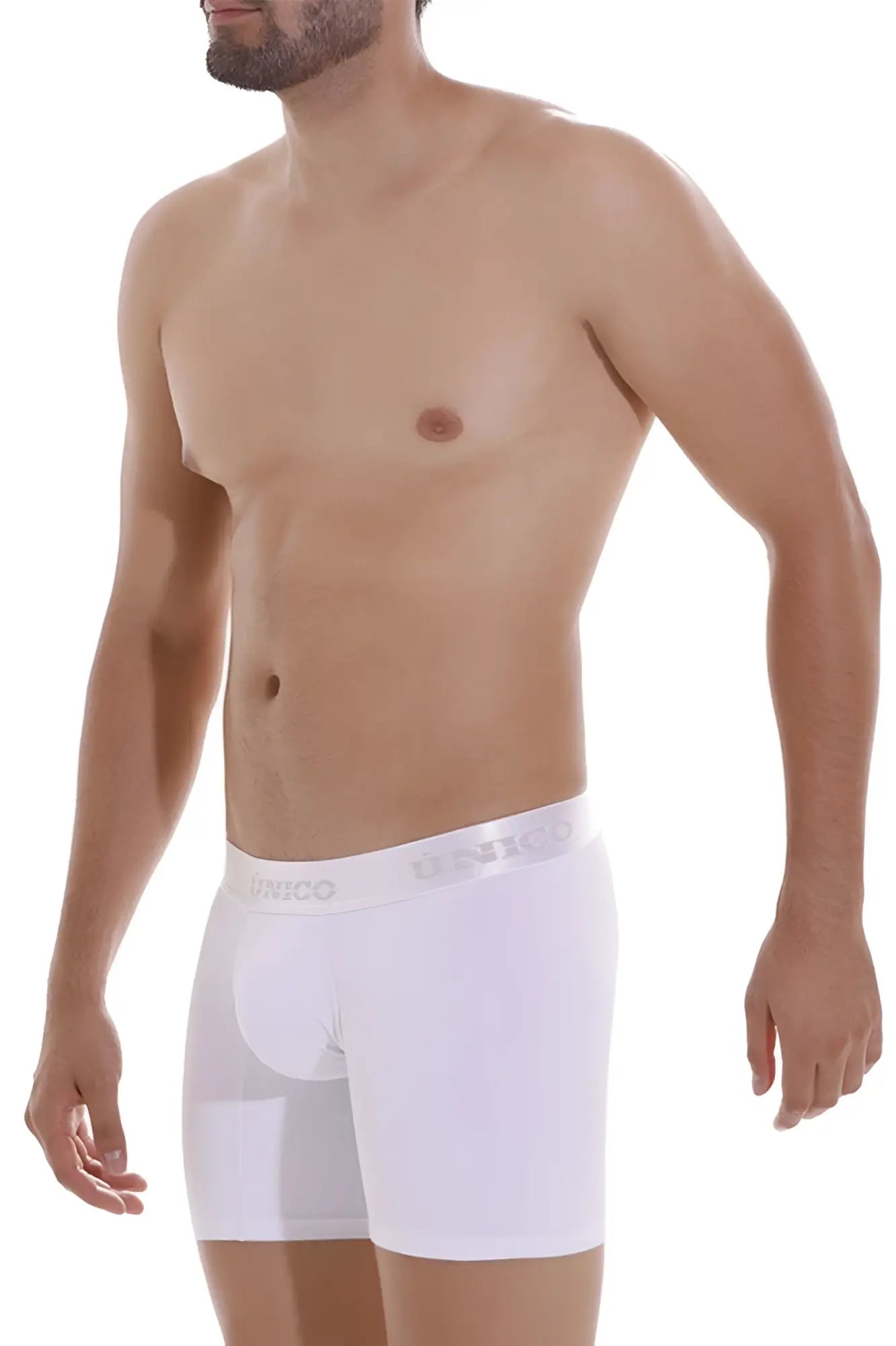 White unico men’s boxer briefs with smooth form-fitting design and subtle logo on waistband in crisp white color
