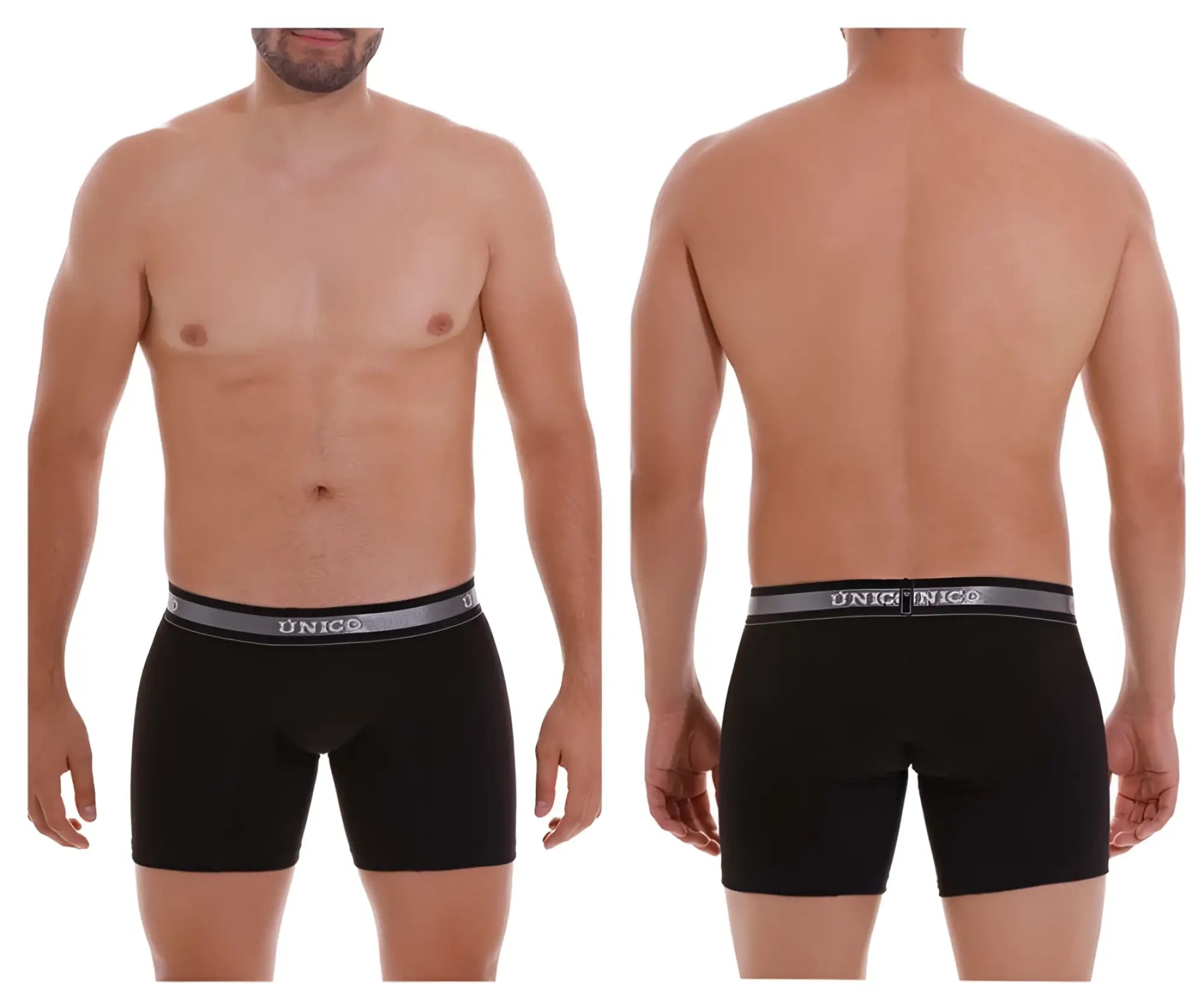 Black unico men’s boxer briefs with gray elastic waistband and white unico logo in color 99-black nebuloso a22 model