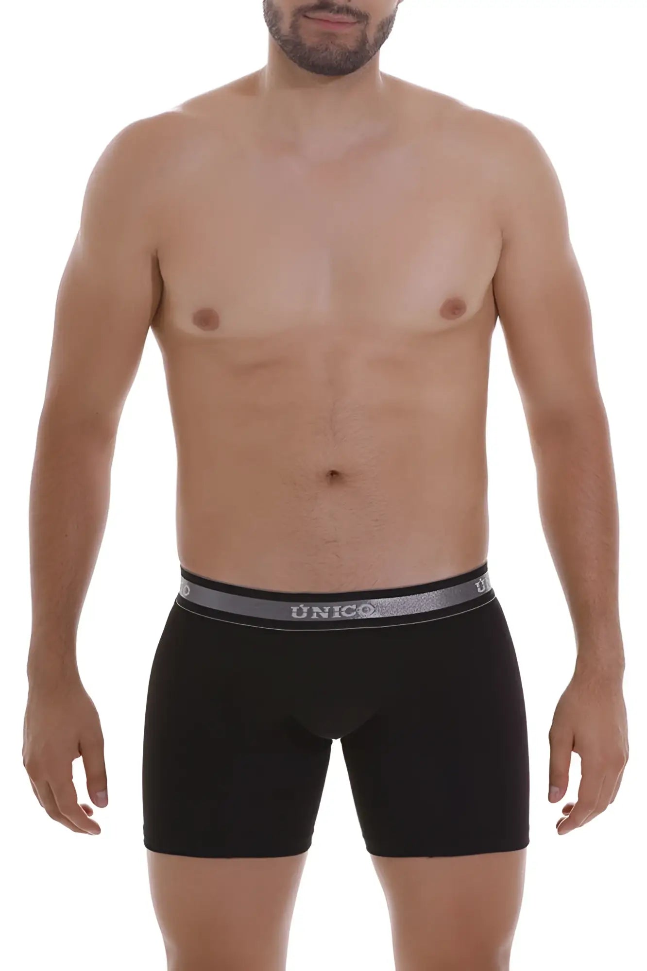 Black unico boxer briefs with gray elastic waistband and white unico branding in color 99-black, style 22120100211 nebuloso a22